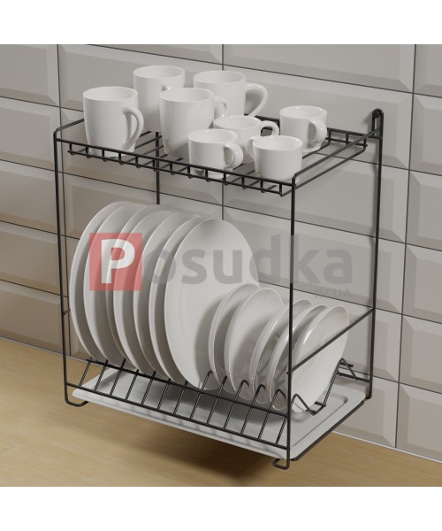Двухуровневая сушилка для посуды 38 см с креплением на стену черная SP-24223