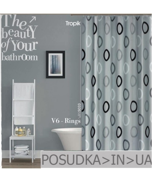 Штора для ванной Tropik V6-Rings BS5033 Серые кольца тканевая 180*200 см